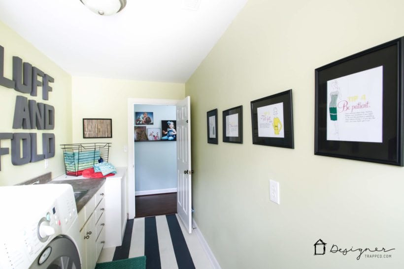affordable laundry room makeover with painted vinyl floor