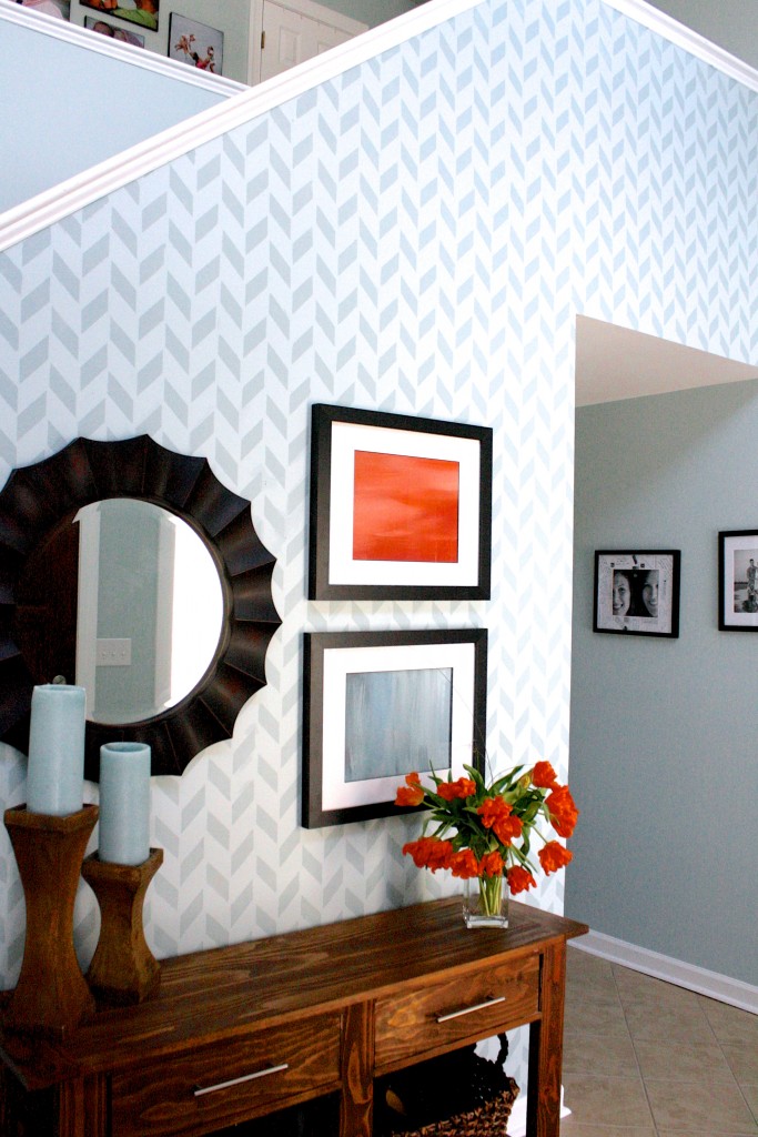 Entryway Decor Ideas! This herringbone Stenciled Wall by Designer Trapped in a Lawyer's Body was beautiful from far away but imperfect close up. Changes had to be made! {designertrapped.com}