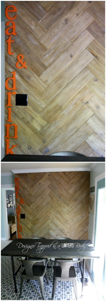 LOVE THIS HERRINGBONE PLANK WALL! Such a cute eat-in area by Designer Trapped in a Lawyer's Body. 