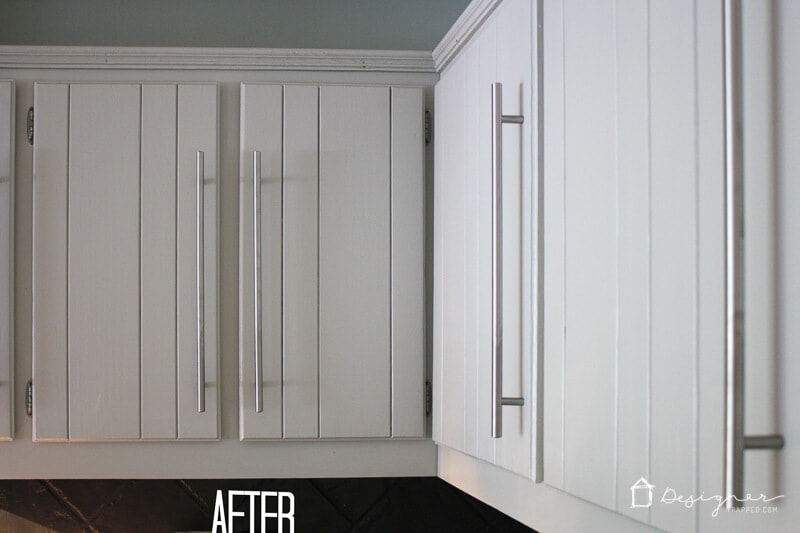 how to paint kitchen cabinets without sanding or priming- after photo of outdated oak cabinets painted by Tasha Agruso of Kaleidoscope Living