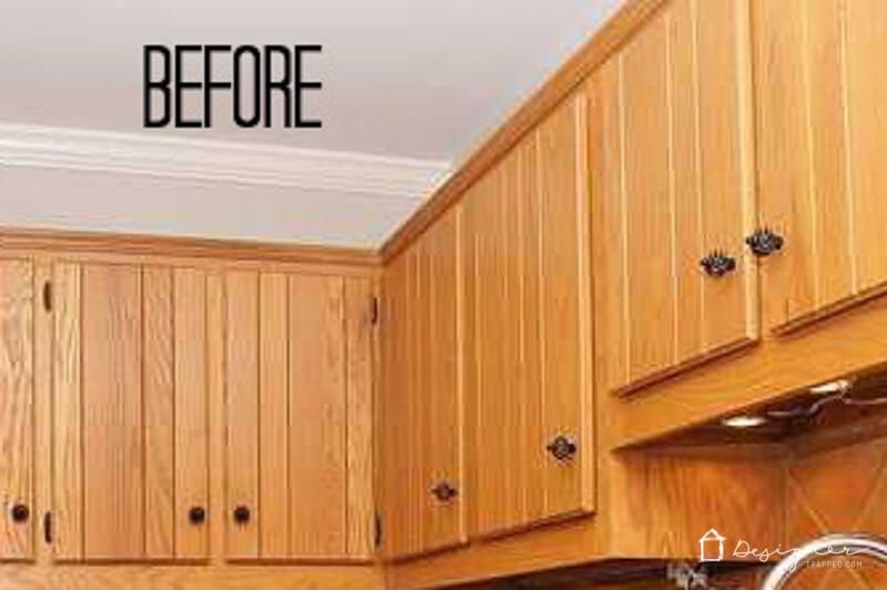 how to paint kitchen cabinets without sanding or priming- before photo of outdated oak cabinets by Tasha Agruso of Kaleidoscope Living