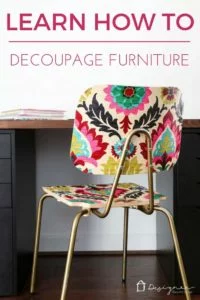 how to decoupage furniture to get an "upholstered" look on a tiny budget? Come check out how to "upholster" a chair with Mod Podge and fabric!