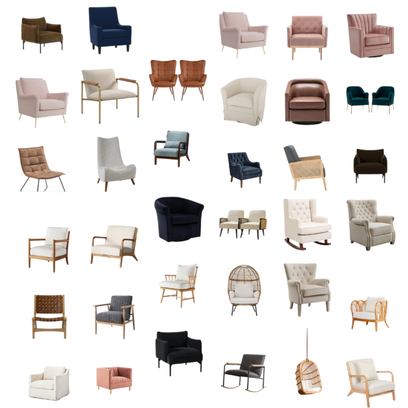 collage image of 50 cheap accent chairs from a variety of sources