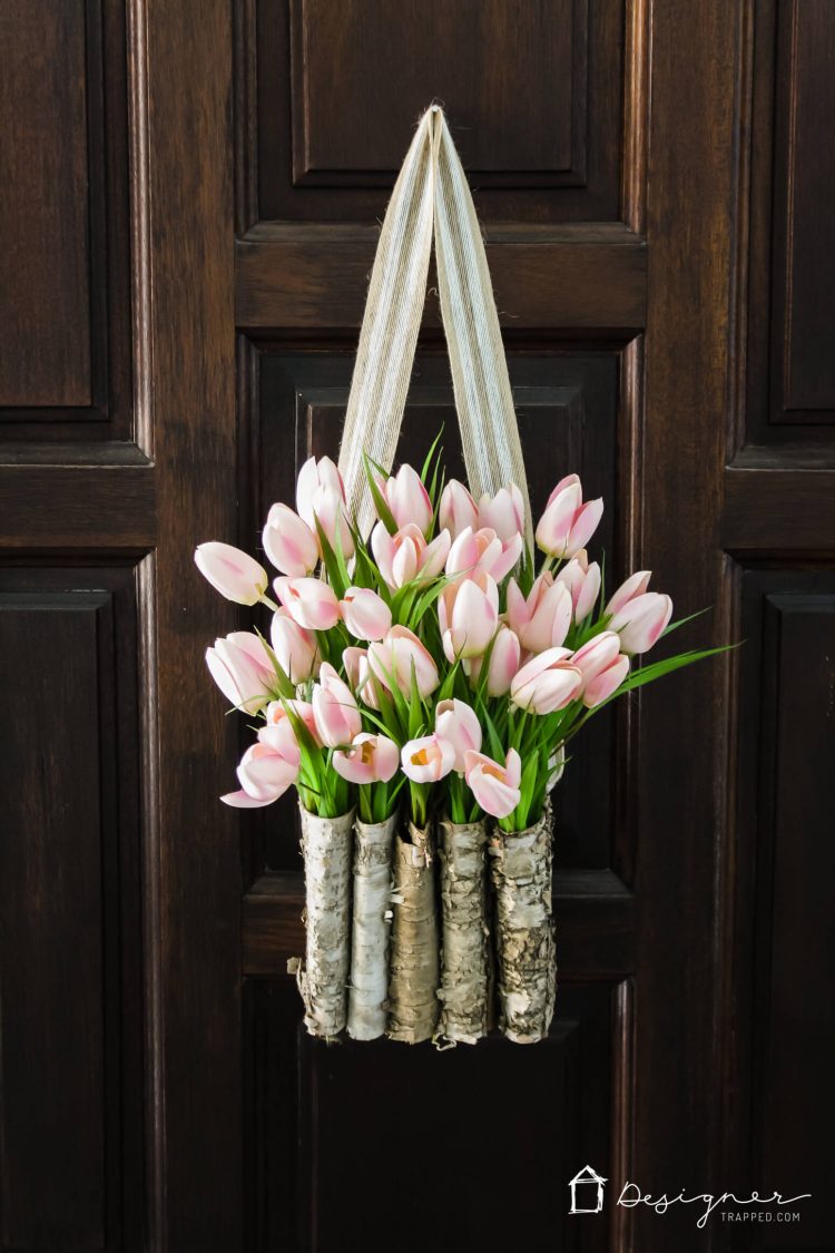 DIY pink tulip spring door decoration hanging on front door
