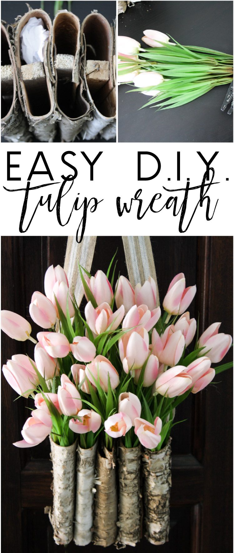 This is STUNNING! Learn to create a DIY tulip wreath with this full tutorial. It is easy and only takes 10 minutes! Tulip door wreaths are the perfect decoration for spring. Learn how to make door wreaths with this simple and fun tulip wreath tutorial!