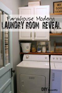 A builder-grade laundry room gets some Awesome Farmhouse Charm for under $200! All the details are at DIY beautify!