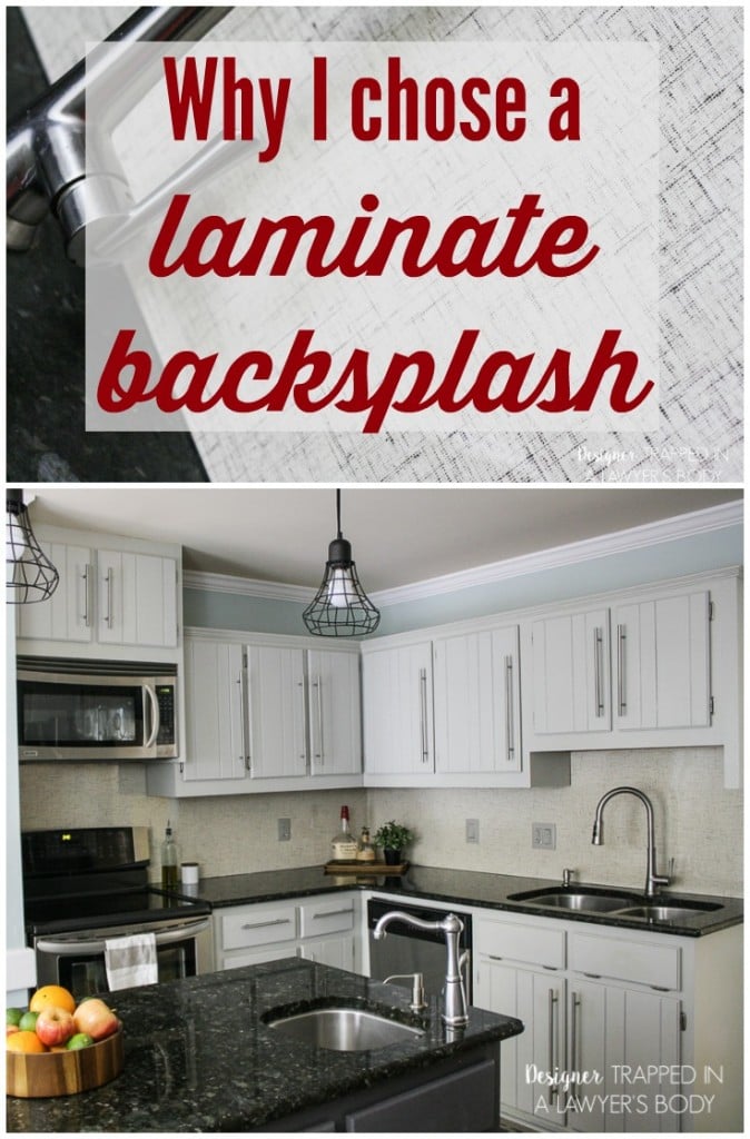 LOVE THIS! Totally genius to use Formica Laminate as a backsplash. No grout to clean. Plus, it's a fresh, modern look! Full details from Designer Trapped in a Lawyer's Blody. #homechichome #ad