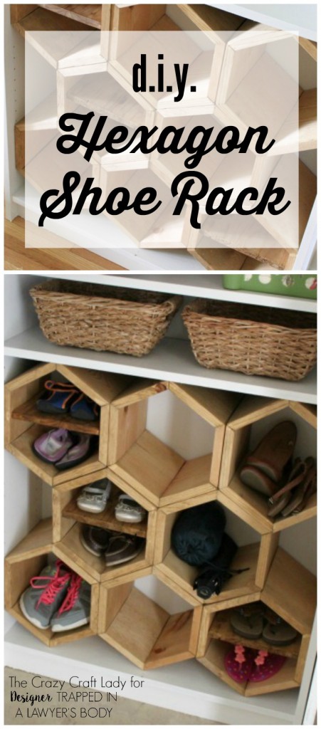 GENIUS! Make a DIY shoe rack using an old bookshelf and making hexagon inserts to hold the shoes! Full tutorial by The Crazy Craft Lady for Designer Trapped in a Lawyer's Body.