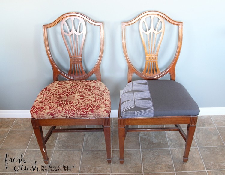 WHAT?! You gotta see what she used instead of fabric, for this fun dining chair makeover! Get Grandma's tired old set out of storage, and into this century! Full Tutorial by Fresh Crush for Designer Trapped in a Lawyer's Body.