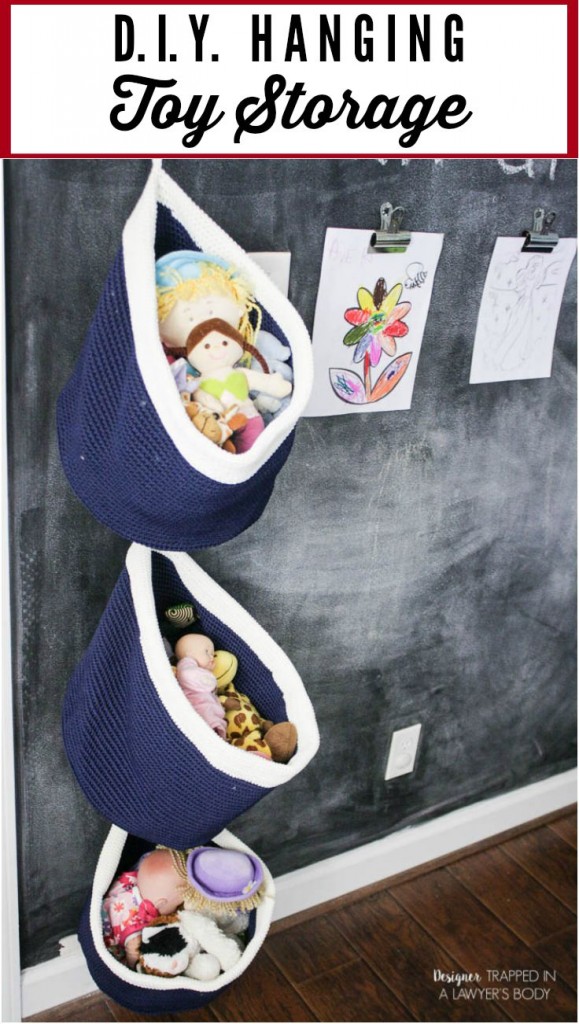 This is BRILLIANT and so easy! Use baskets for easy, DIY hanging toy storage in any kid's space! Full tutorial by Designer Trapped in a Lawyer's Body.