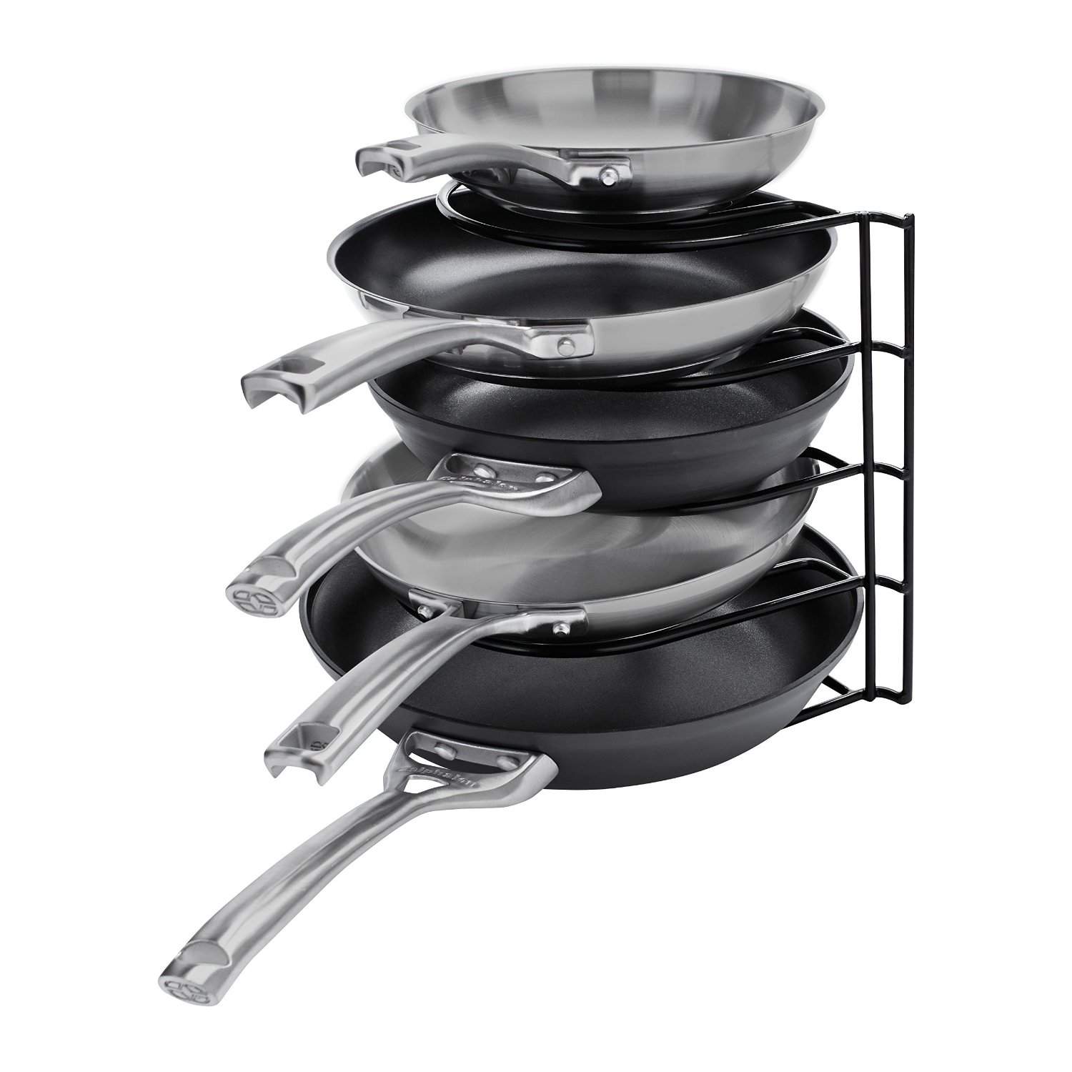 Learning how to organize kitchen cabinets means utilizing vertical space, which can be done with this pan organizer rack holding varying sizes of pans.