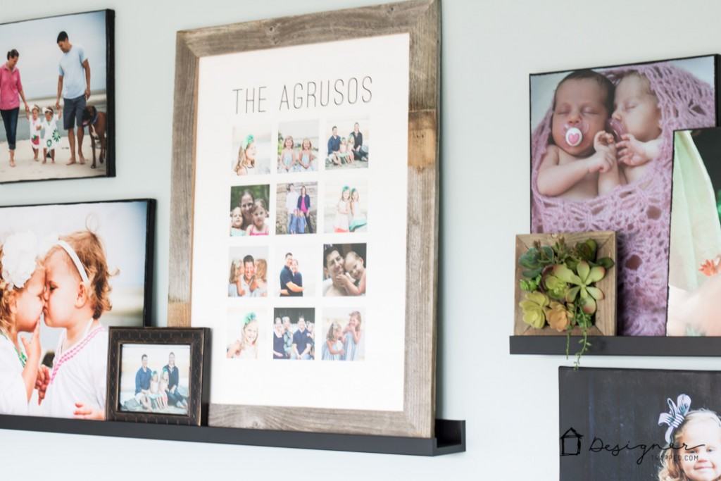 Create a hallway with PERSONALITY on a budget with DIY photo canvases and inexpensive photo ledges, coupled with some personalized art pieces. Love this!