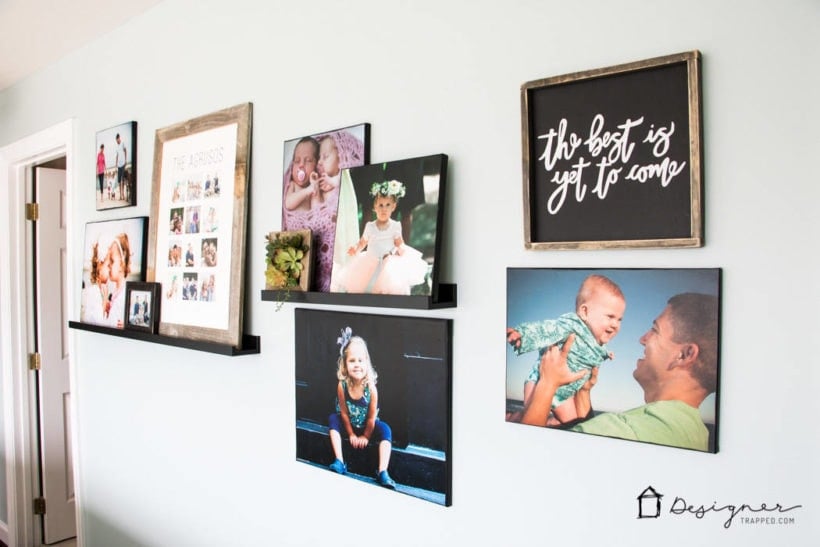 gallery wall with ledges and photo canvases