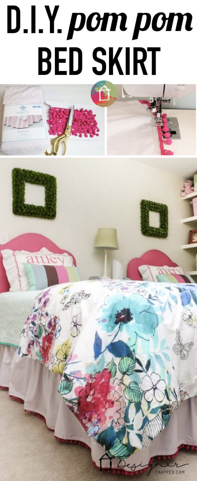 Embellished bed skirts are expensive! If you are on a budget, create this semi-homemade pom pom bedskirt without breaking the bank. It's a high-end look on a budget!