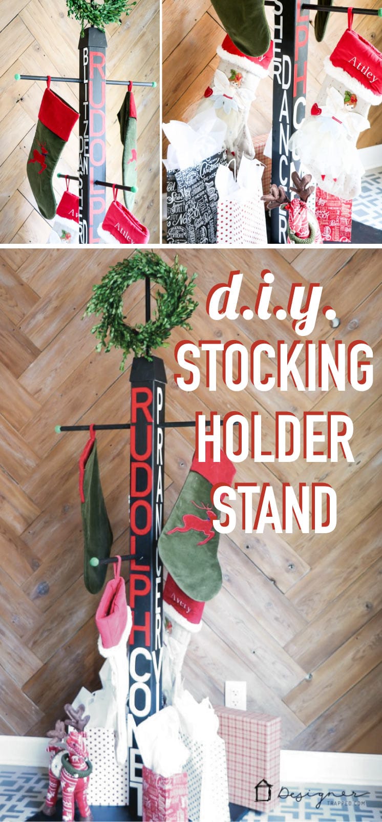 No mantel? No problem. You can hang Christmas stockings without a mantel. This DIY stocking holder stand is the perfect solution and this full tutorial makes it look so easy. #DIYworkshop #sponsored