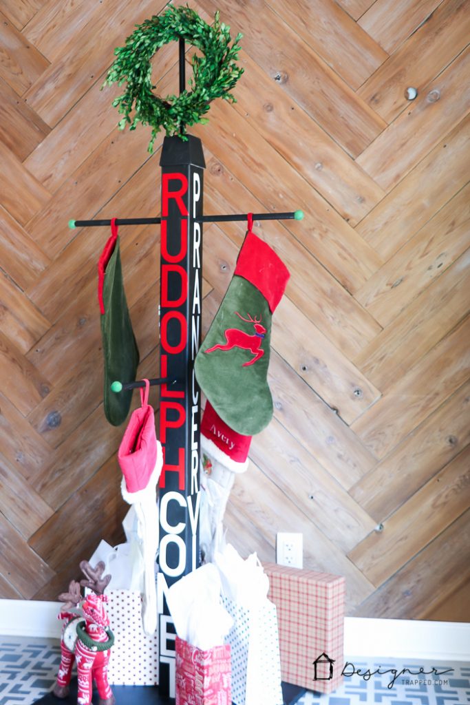 No mantel? No problem. You can hang Christmas stockings without a mantel. This DIY stocking holder stand is the perfect solution and this full tutorial makes it look so easy. #DIYworkshop #sponsored