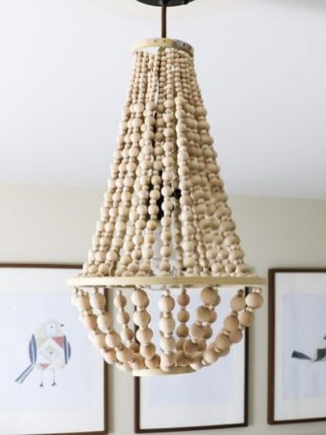 diy wood bead chandelier hanging in bedroom