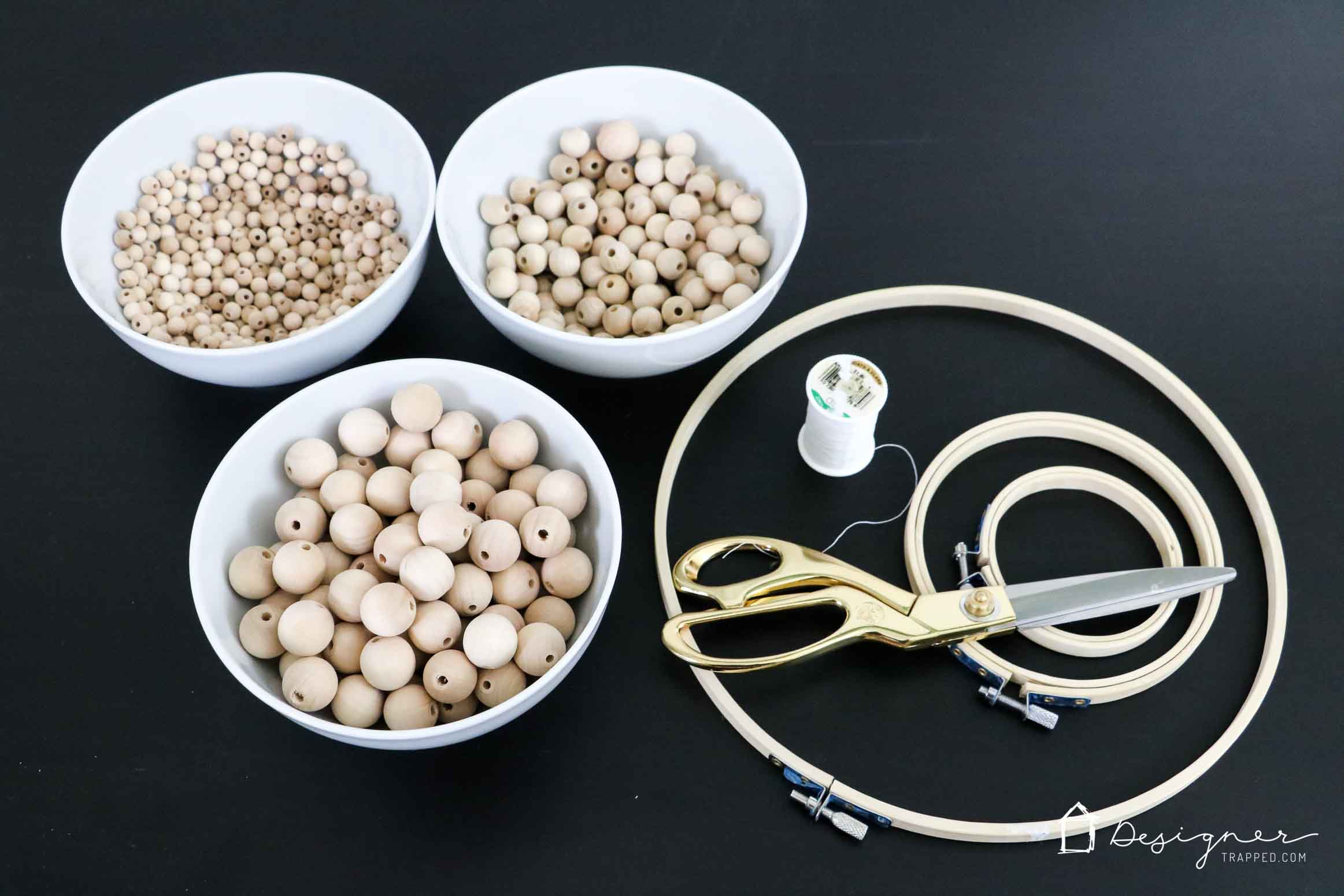 supplies for DIY chandelier from wood beads