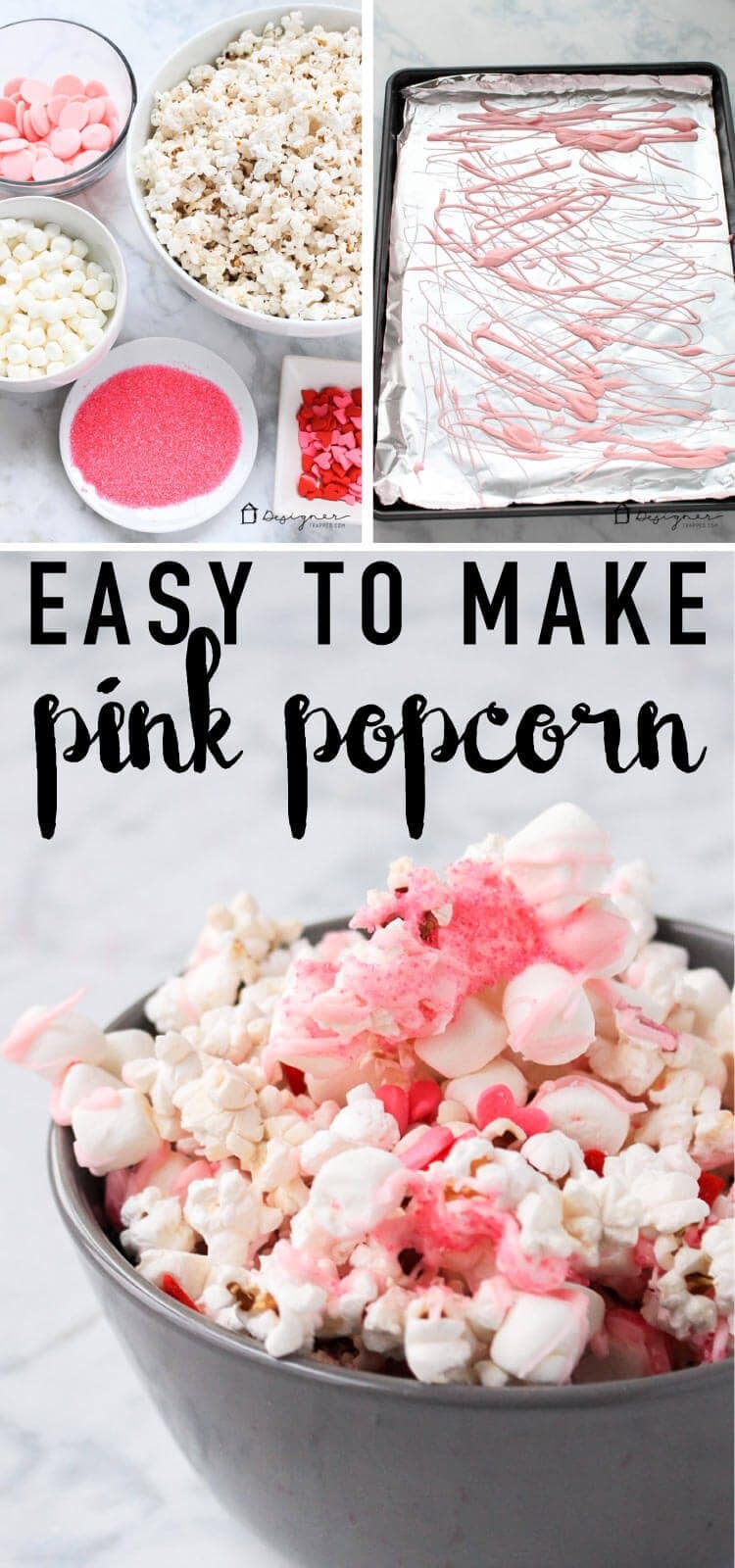 OMG! Love this pretty and super easy pink popcorn for Valentine's Day. It looks like a kid-friendly recipe that my girls will love making and they can even share it with their friends as a Valentine's Day treat to go with their Valentine's Day cards at school!