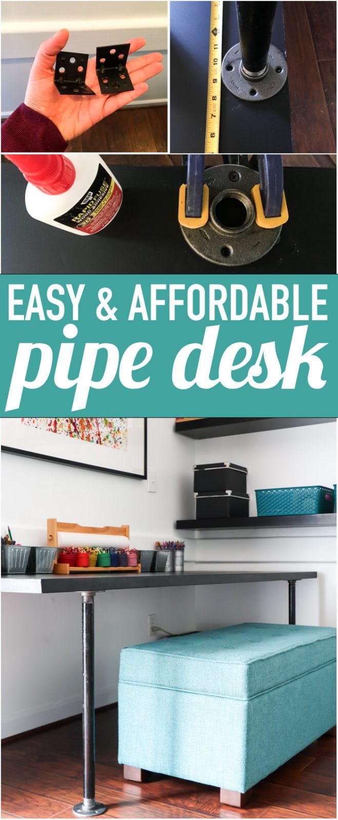 Best and most clever DIY pipe desk tutorial I have seen! Such an affordable way to make any pipe desk or pipe table. Can't wait to show my husband so we can do it!