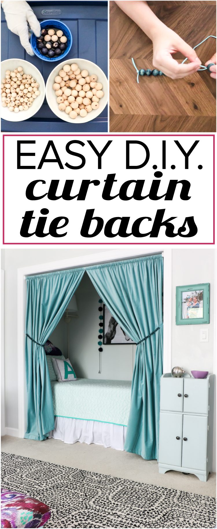 OMG, I absolutely love these DIY curtain tie backs and they are so much cuter than any store-bought curtain tie backs I have seen. Learn how to make your own curtain tie backs with this detailed tutorial. They only take about 15 minutes to make!
