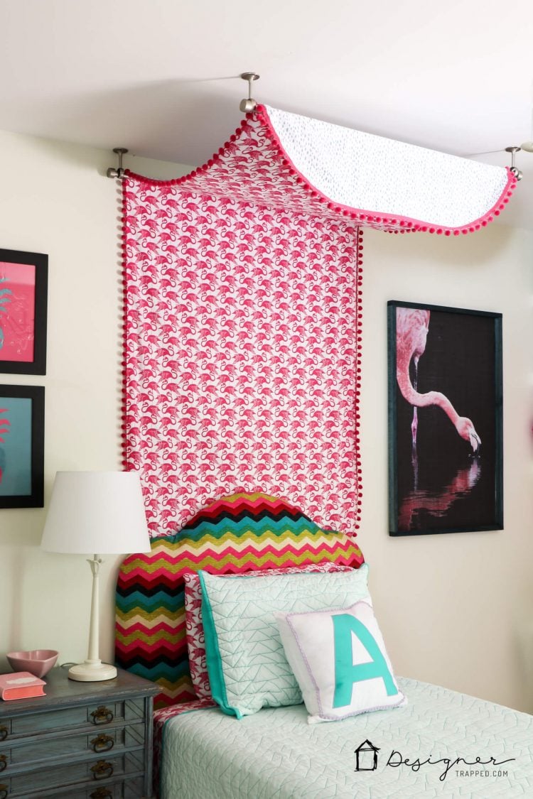 OMG, this DIY bed canopy is amazing! I can't believe this girl's bed canopy is made from flat sheets. It looks so easy to make! I can't wait to try it!