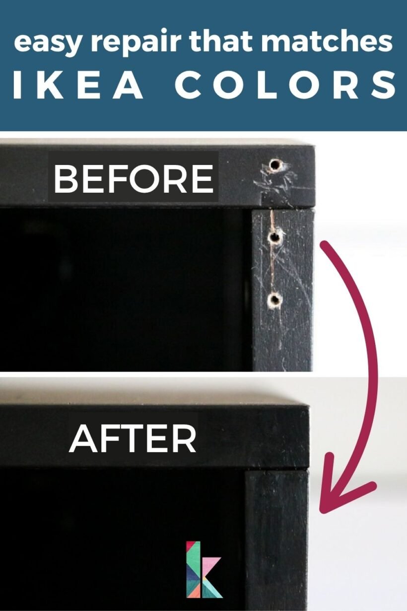 photo collage of two images showing before and after photos of screw holes repairs in IKEA furniture with perfect color matching. Text overlay reads "easy repair that matches IKEA colors"