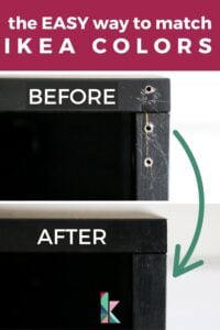 photo collage of two images showing before and after photos of screw holes repairs in IKEA furniture with perfect color matching. Text overlay reads "the easy way to match IKEA colors"