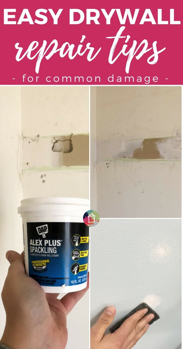 easy drywall repair tips photo collage and text overlay