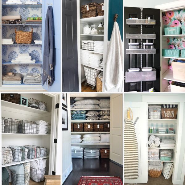 collage image of organized linen closets