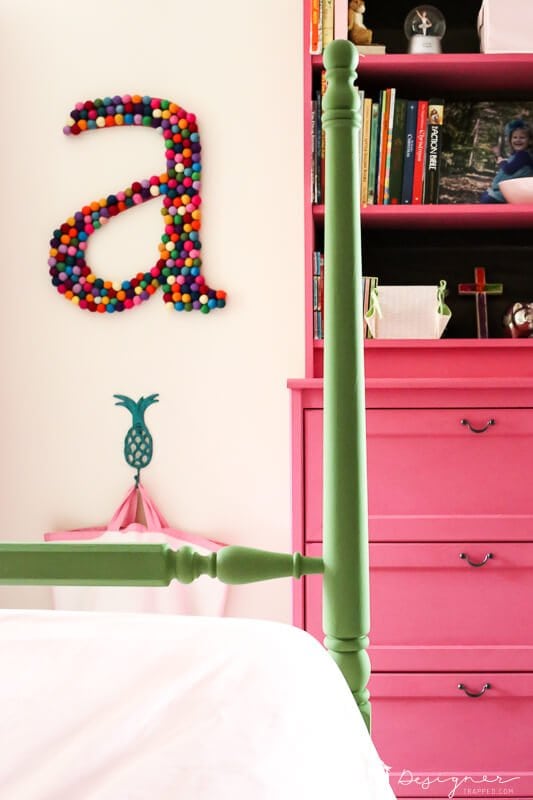 large colorful DIY wall letter hanging in pink and green girl's bedroom