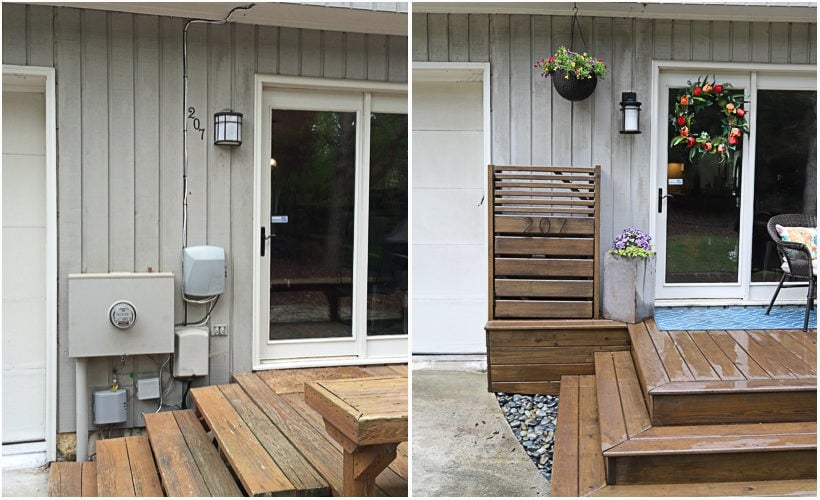 before and after showing exposed utility boxes on house with and without a pretty and functional utility box cover