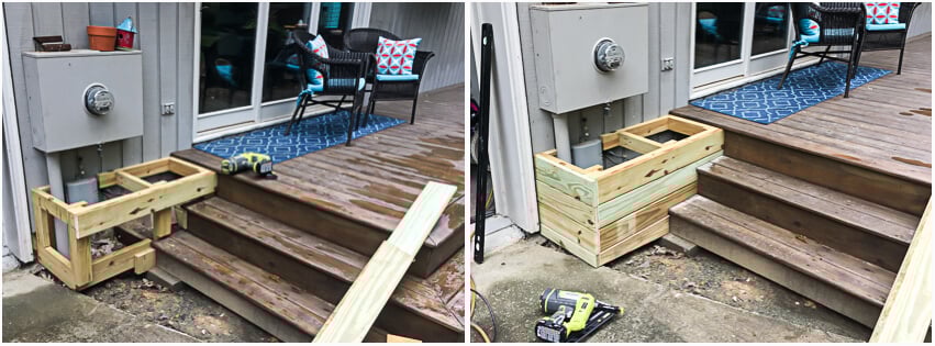 2 photos showing building base of diy utility box cover with lumber