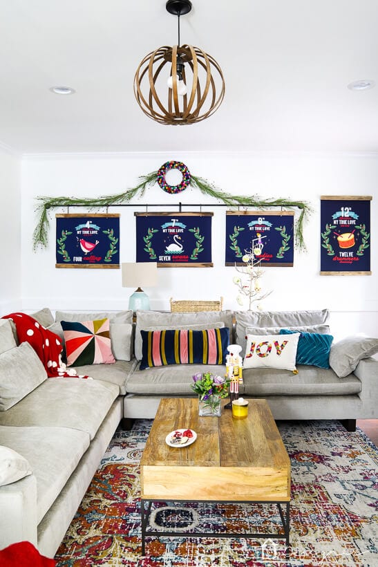 colorful living room Christmas decor