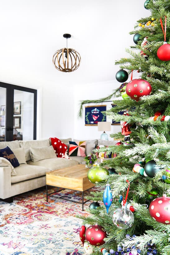 Christmas tree in colorful living room