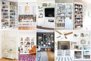 A collage of pictures of different types of IKEA bookcase hacks to make them look like built-in storage.