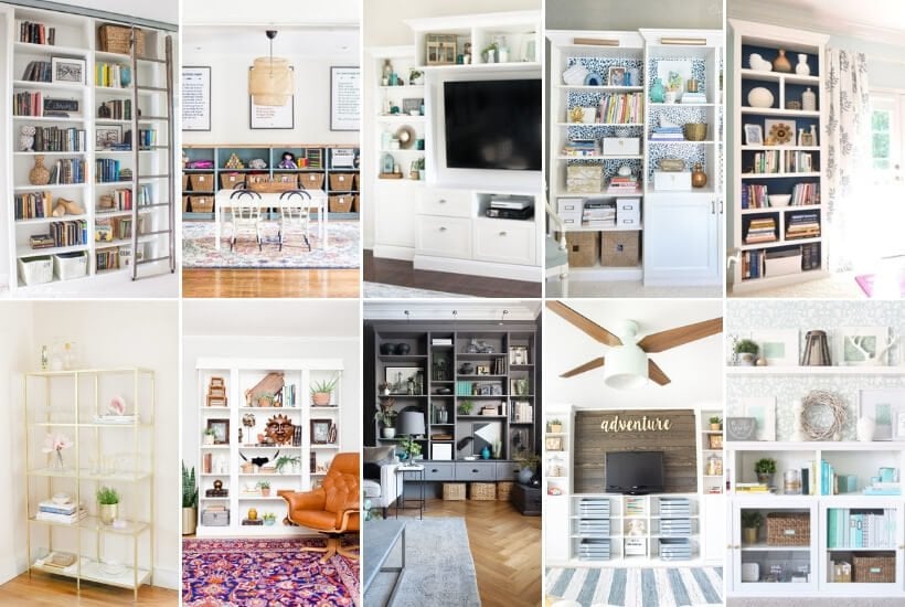 A collage of pictures of different types of IKEA bookcase hacks to make them look like built-in storage.