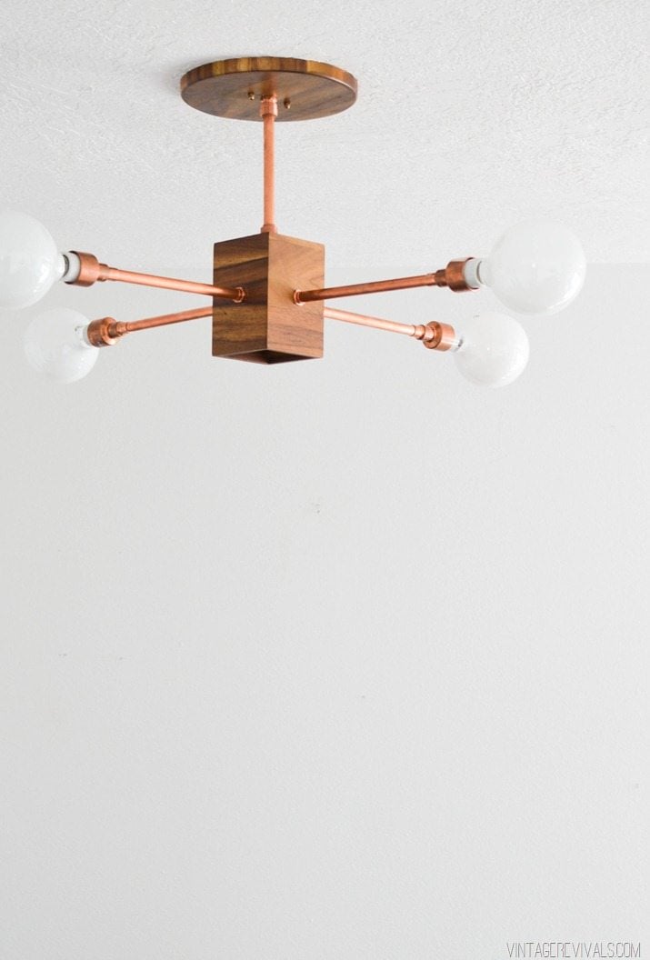 wood and copper chandelier