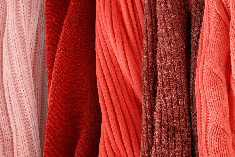 Coral palette for fall and winter 2019. Fashion color trends. Knitted clothes fabric samples.