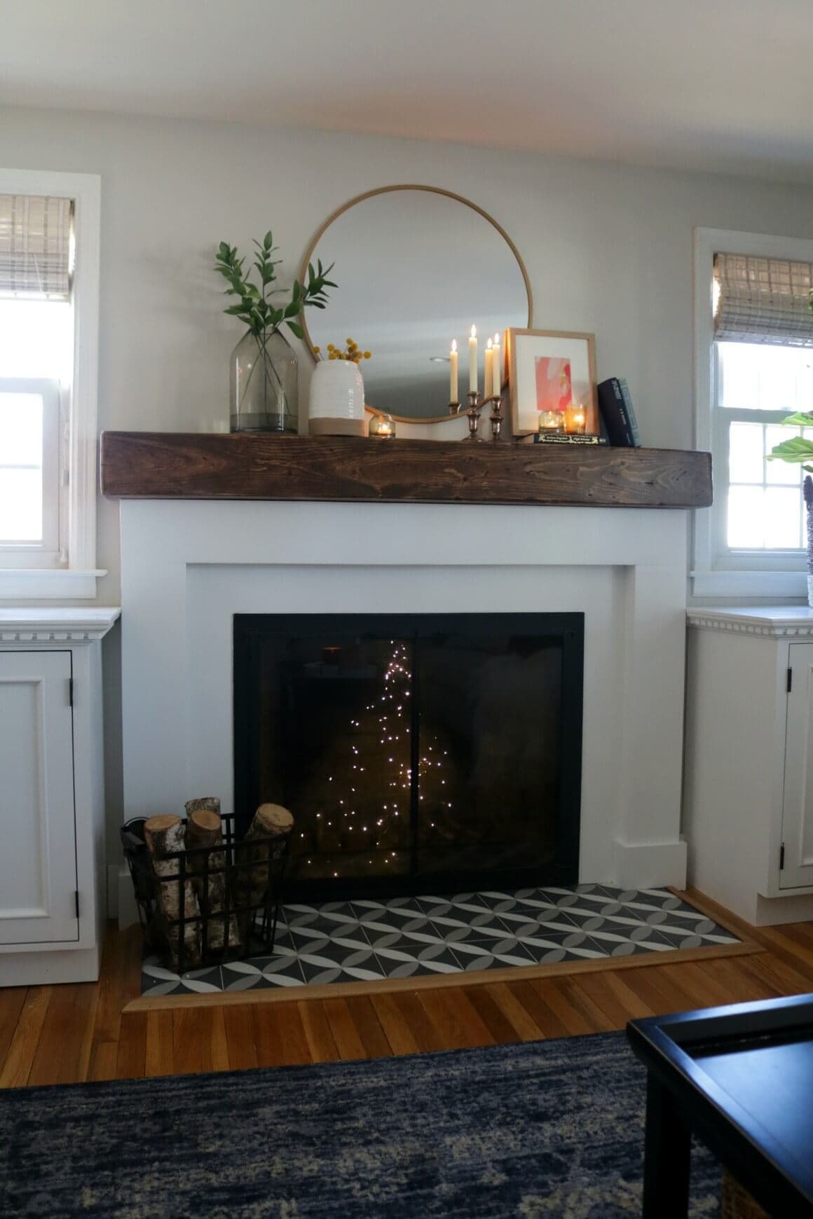 deco tile and wood mantel 