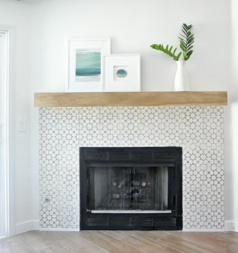 cement tile with birch mantel