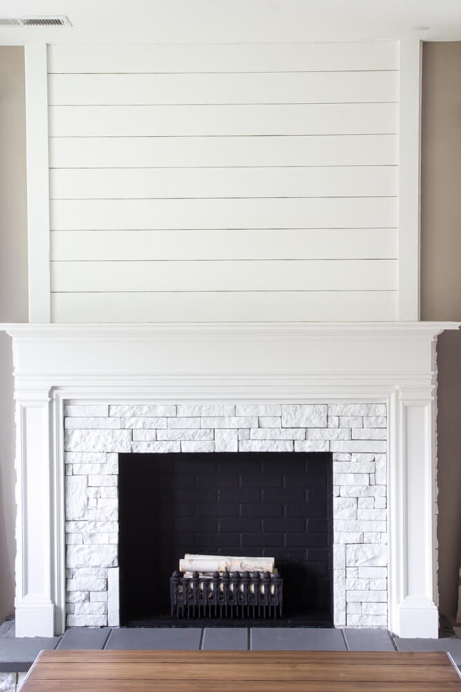 shiplap and brick faux fireplace