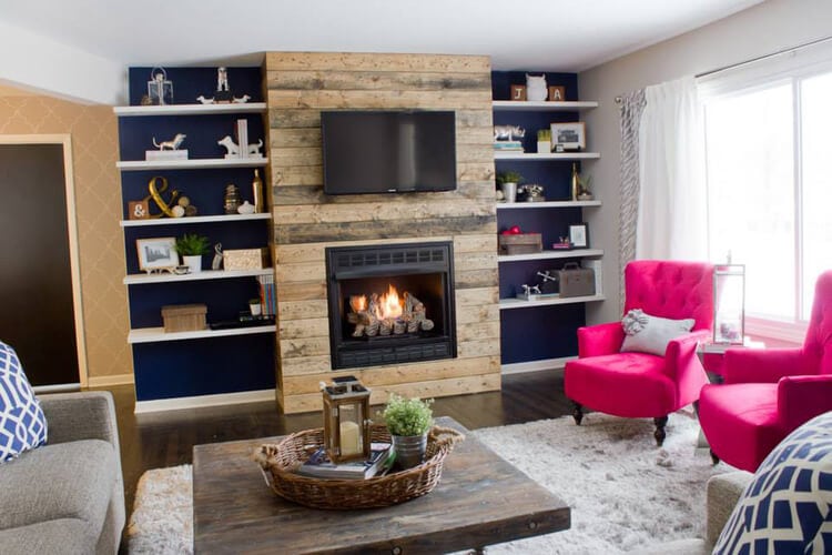 reclaimed wood fireplace with floating shelves