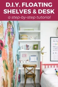 built in floating shelves and desk in colorful girl's bedroom