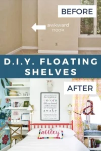 before and after transformation of awkward nook in girl's bedroom with DIY floating shelves and desk