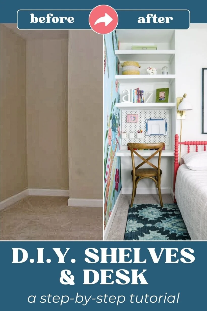 before and after transformation of awkward nook in girl's bedroom with DIY floating shelves and desk