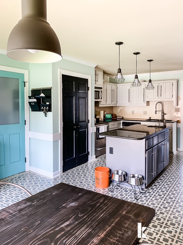 gray kitchen with painted floor