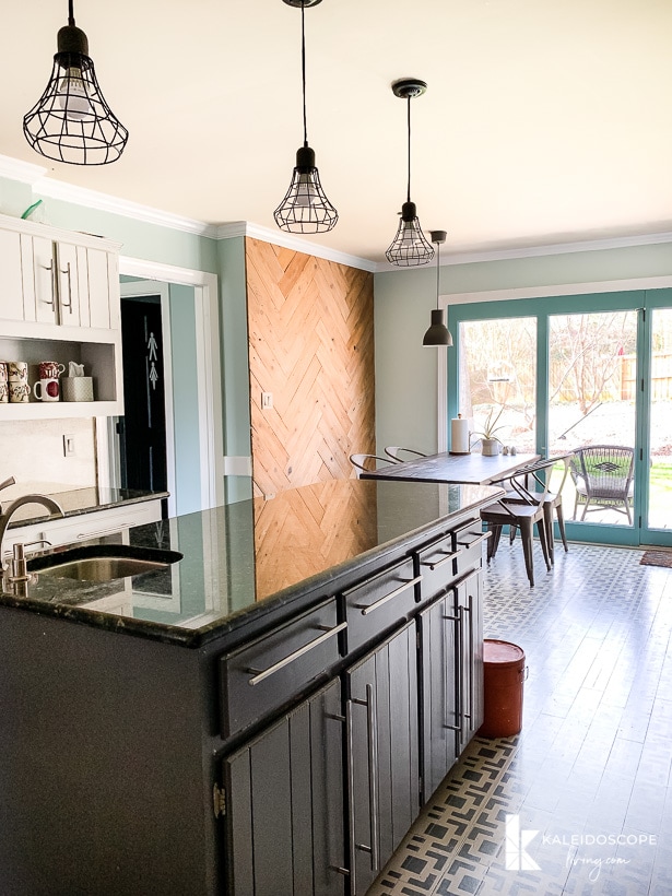 gray and aqua kitchen with painted floors