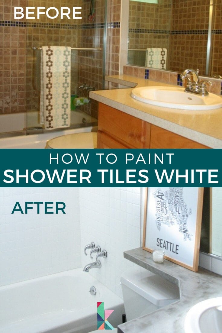 before and after image of shower tiles painted white