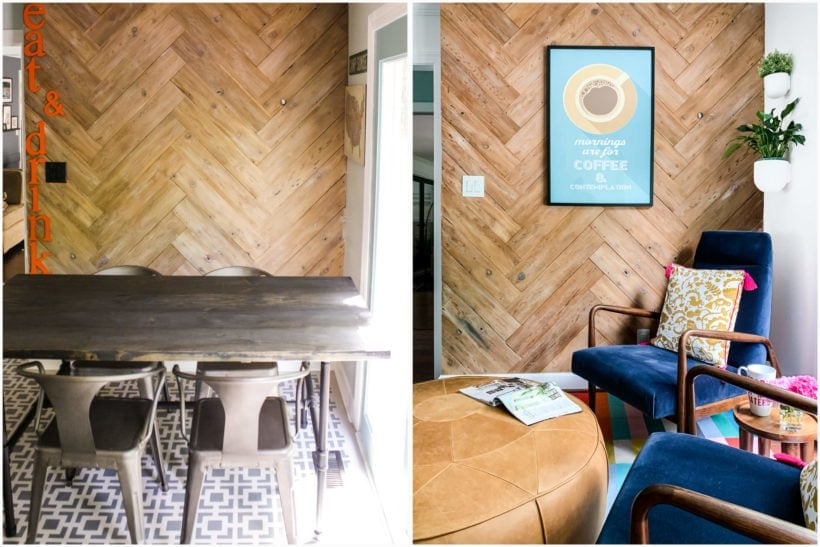 DIY plank wall with herringbone pattern in kitchen